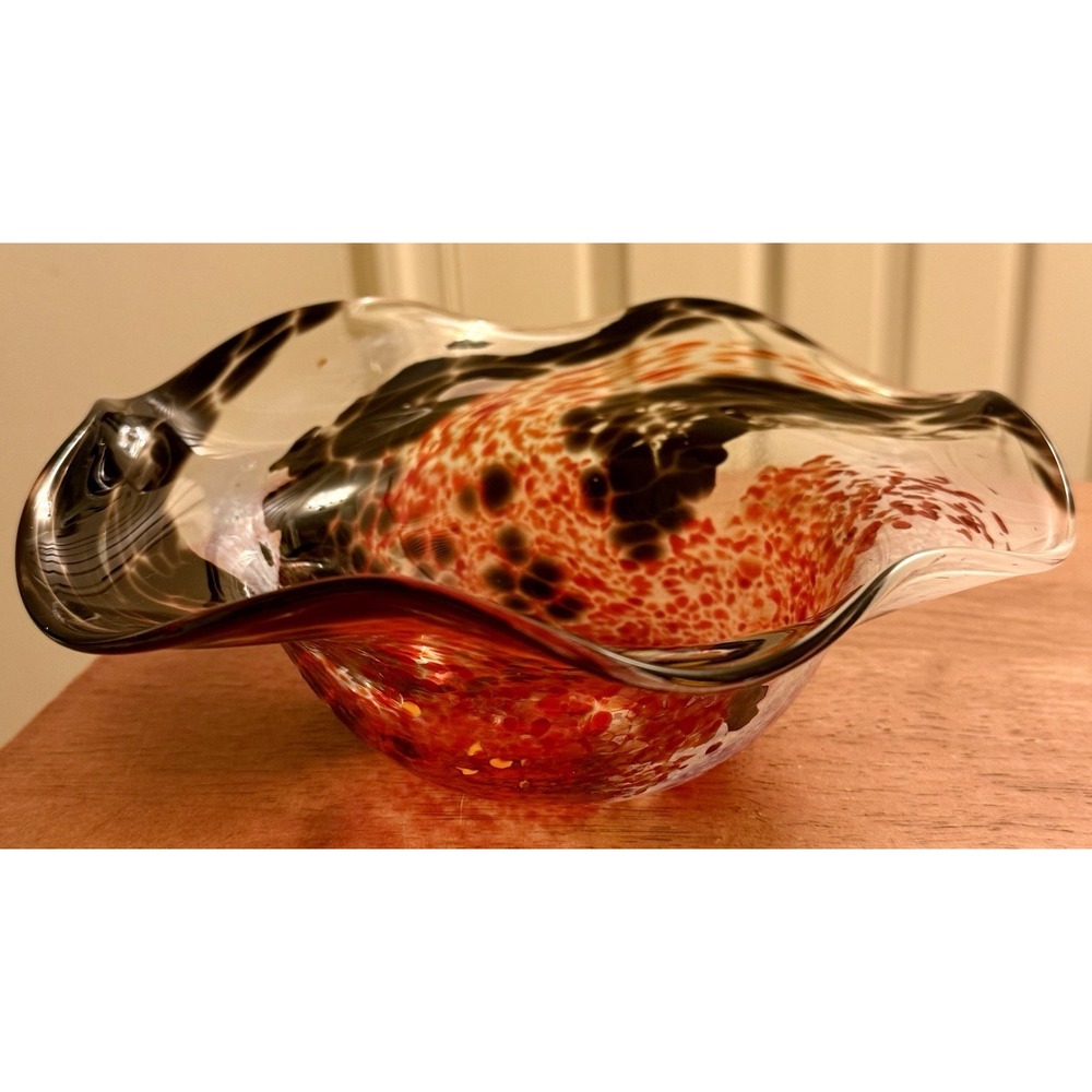 Vintage Murano-Style Art Glass Wave Ruffle Bowl 8" Black, Red, White &‎ Clear